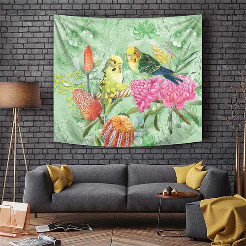 Birds and Floral Aussie Budgerigars Tapestry Mint Opal - Aussie Hoodie