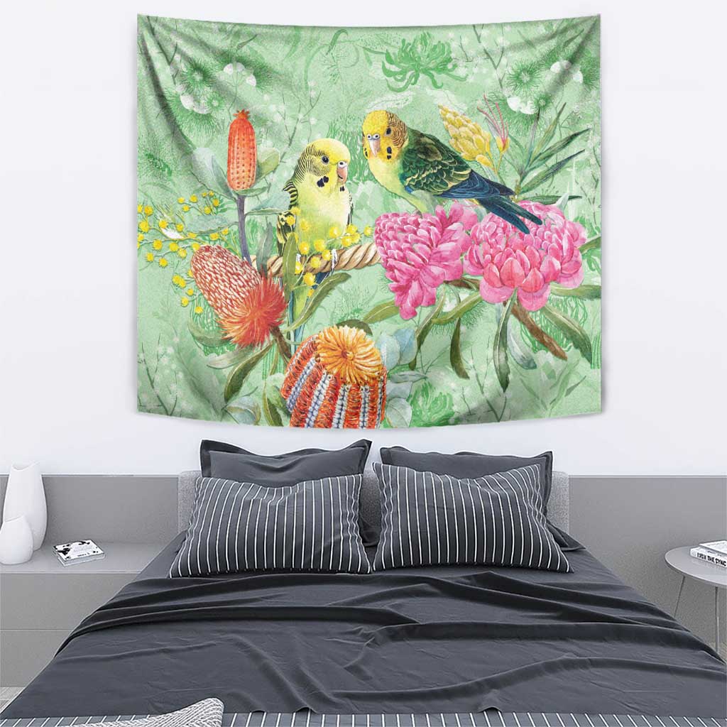 Birds and Floral Aussie Budgerigars Tapestry Mint Opal - Aussie Hoodie