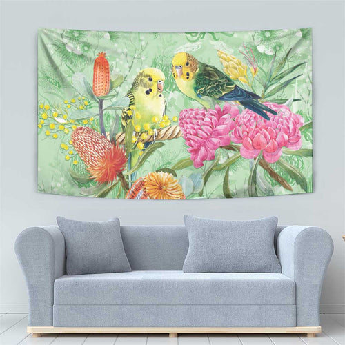 Birds and Floral Aussie Budgerigars Tapestry Mint Opal - Aussie Hoodie