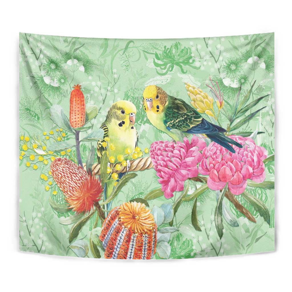 Birds and Floral Aussie Budgerigars Tapestry Mint Opal - Aussie Hoodie
