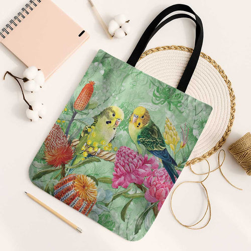 Birds and Floral Aussie Budgerigars Tote Bag Mint Opal - Aussie Hoodie