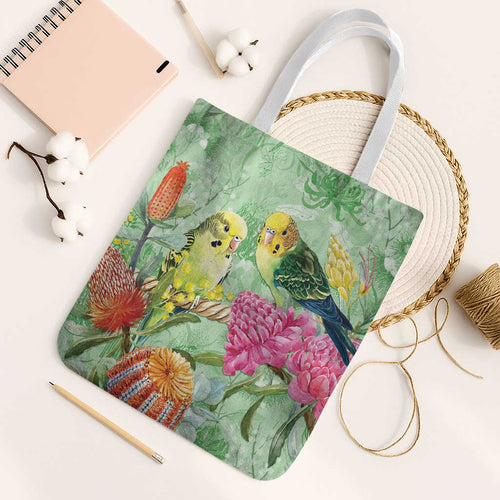 Birds and Floral Aussie Budgerigars Tote Bag Mint Opal - Aussie Hoodie