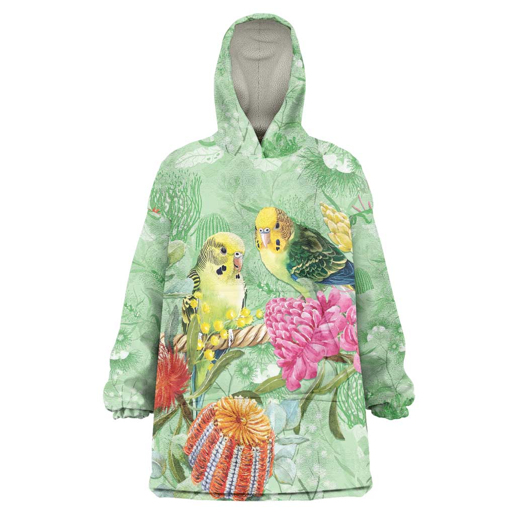 Birds and Floral Aussie Budgerigars Wearable Blanket Hoodie Mint Opal - Aussie Hoodie