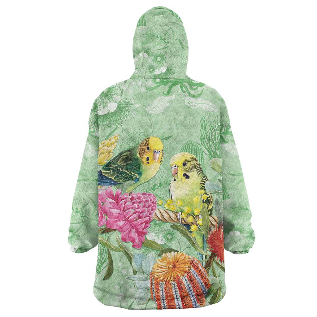 Birds and Floral Aussie Budgerigars Wearable Blanket Hoodie Mint Opal - Aussie Hoodie