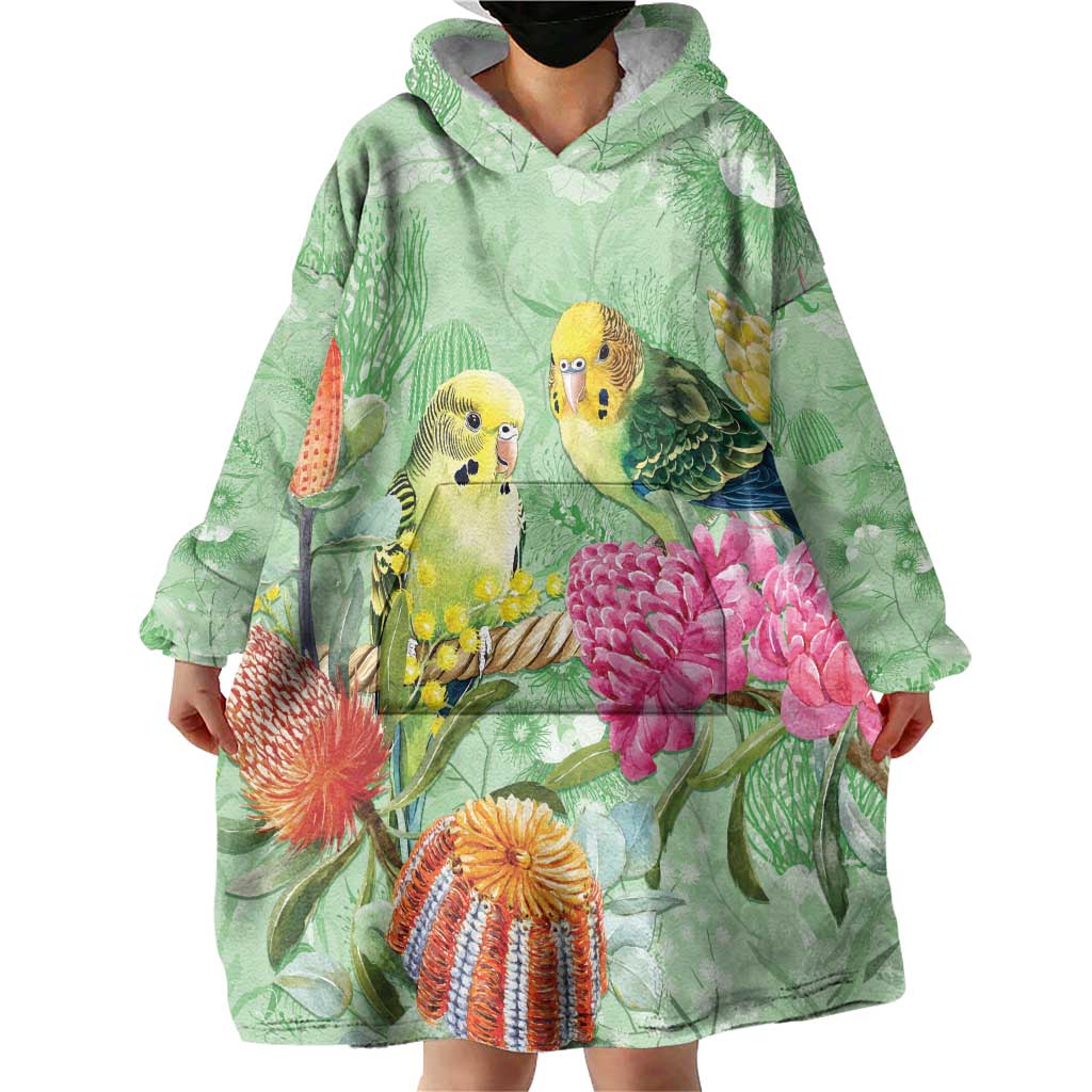 Birds and Floral Aussie Budgerigars Wearable Blanket Hoodie Mint Opal - Aussie Hoodie