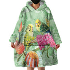 Birds and Floral Aussie Budgerigars Wearable Blanket Hoodie Mint Opal - Aussie Hoodie