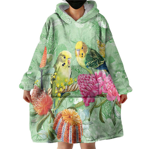 Birds and Floral Aussie Budgerigars Wearable Blanket Hoodie Mint Opal - Aussie Hoodie