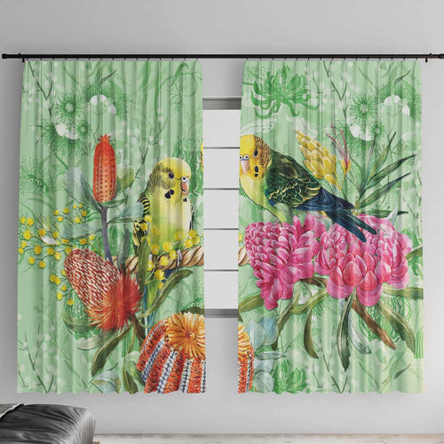 Birds and Floral Aussie Budgerigars Window Curtain Mint Opal - Aussie Hoodie