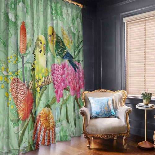 Birds and Floral Aussie Budgerigars Window Curtain Mint Opal - Aussie Hoodie