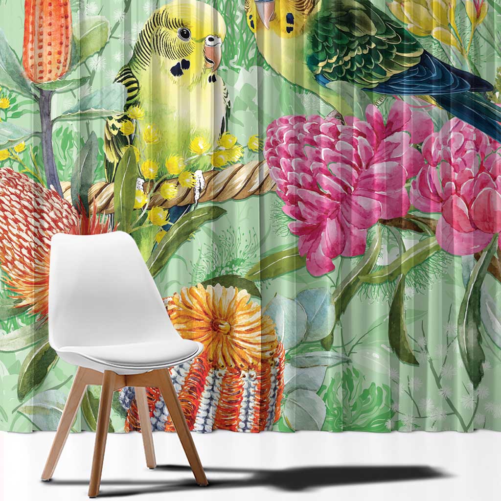 Birds and Floral Aussie Budgerigars Window Curtain Mint Opal - Aussie Hoodie