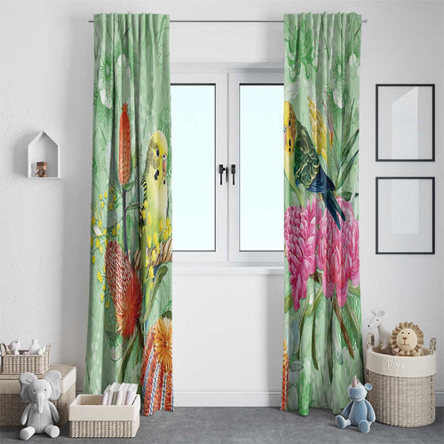 Birds and Floral Aussie Budgerigars Window Curtain Mint Opal - Aussie Hoodie