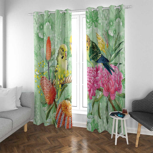 Birds and Floral Aussie Budgerigars Window Curtain Mint Opal - Aussie Hoodie