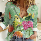 Birds and Floral Aussie Budgerigars Women Casual Shirt Mint Opal - Aussie Hoodie