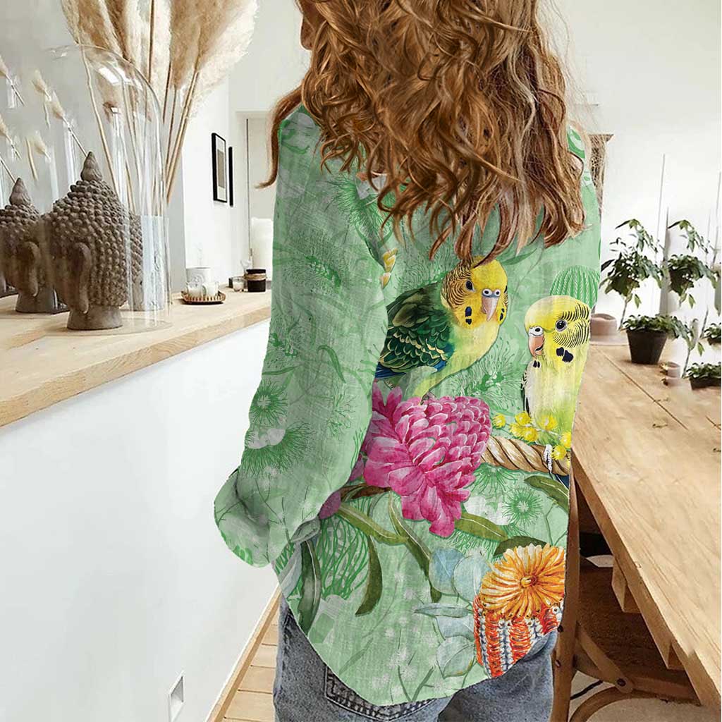 Birds and Floral Aussie Budgerigars Women Casual Shirt Mint Opal - Aussie Hoodie