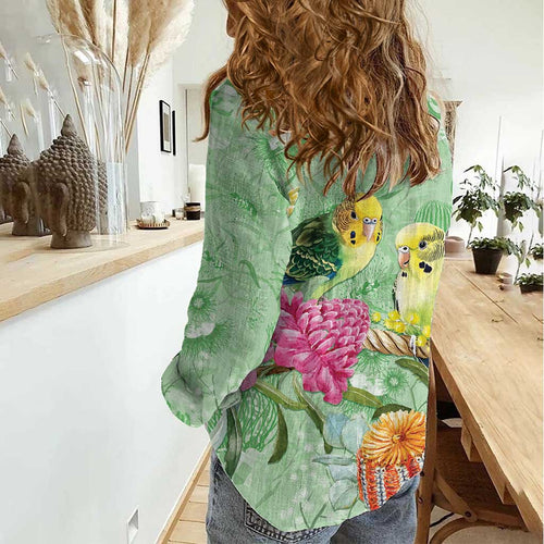 Birds and Floral Aussie Budgerigars Women Casual Shirt Mint Opal - Aussie Hoodie