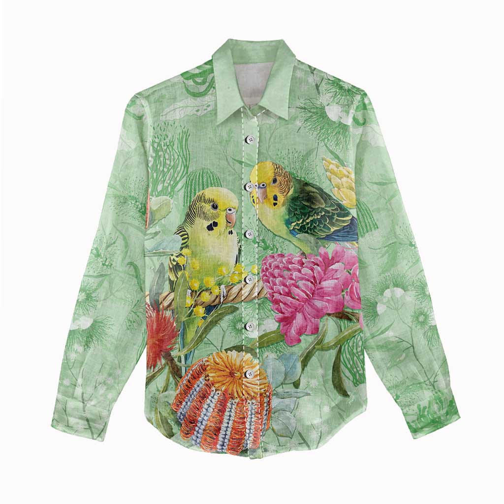 Birds and Floral Aussie Budgerigars Women Casual Shirt Mint Opal - Aussie Hoodie
