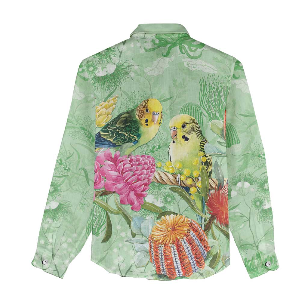 Birds and Floral Aussie Budgerigars Women Casual Shirt Mint Opal - Aussie Hoodie