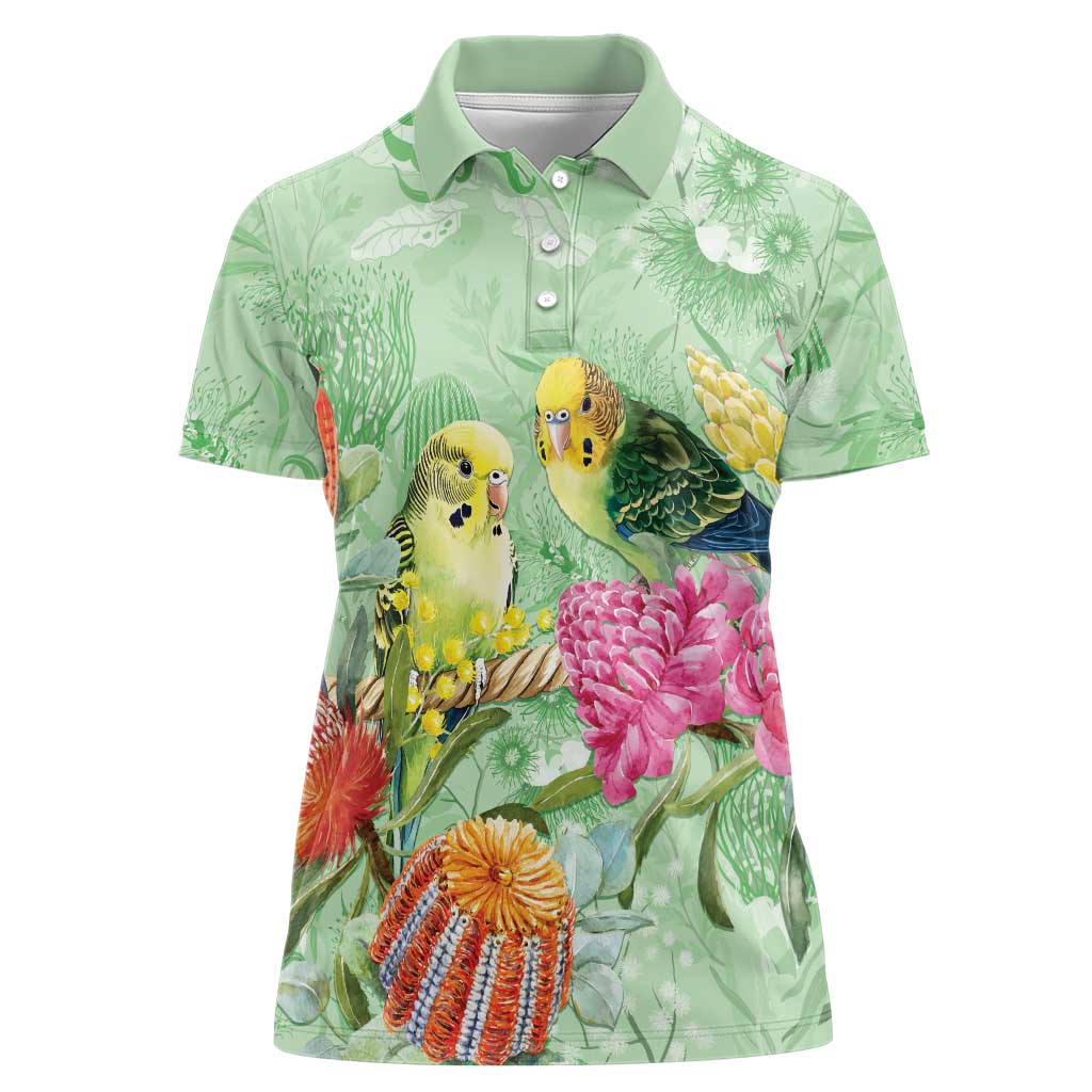 Birds and Floral Aussie Budgerigars Women Polo Shirt Mint Opal - Aussie Hoodie