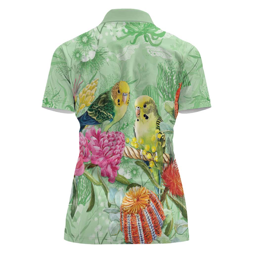 Birds and Floral Aussie Budgerigars Women Polo Shirt Mint Opal - Aussie Hoodie