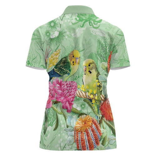 Birds and Floral Aussie Budgerigars Women Polo Shirt Mint Opal - Aussie Hoodie