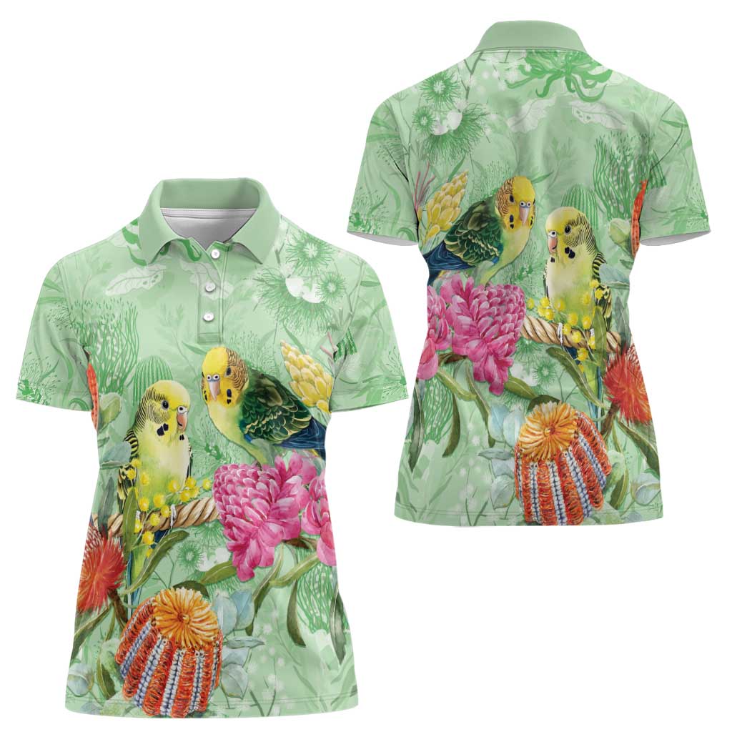 Birds and Floral Aussie Budgerigars Women Polo Shirt Mint Opal - Aussie Hoodie