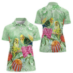 Birds and Floral Aussie Budgerigars Women Polo Shirt Mint Opal - Aussie Hoodie