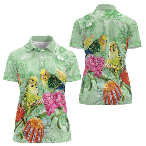 Birds and Floral Aussie Budgerigars Women Polo Shirt Mint Opal - Aussie Hoodie