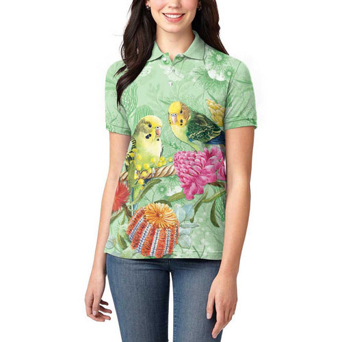 Birds and Floral Aussie Budgerigars Women Polo Shirt Mint Opal - Aussie Hoodie
