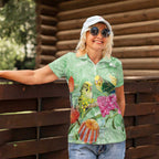 Birds and Floral Aussie Budgerigars Women Polo Shirt Mint Opal - Aussie Hoodie