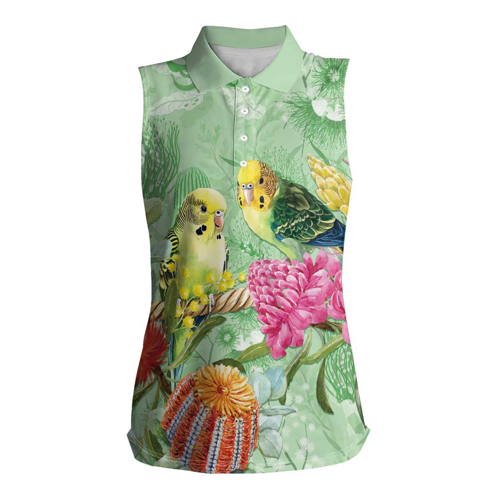 Birds and Floral Aussie Budgerigars Women Sleeveless Polo Shirt Mint Opal - Aussie Hoodie