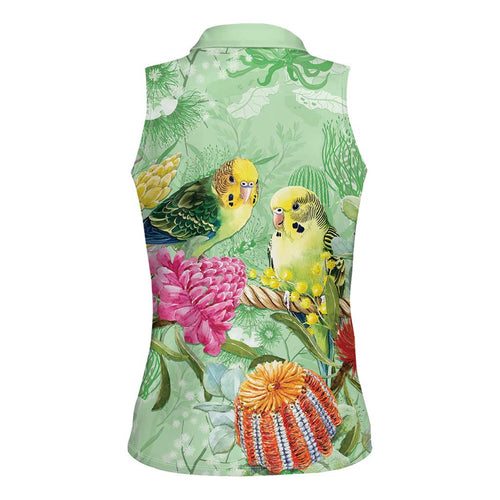 Birds and Floral Aussie Budgerigars Women Sleeveless Polo Shirt Mint Opal - Aussie Hoodie