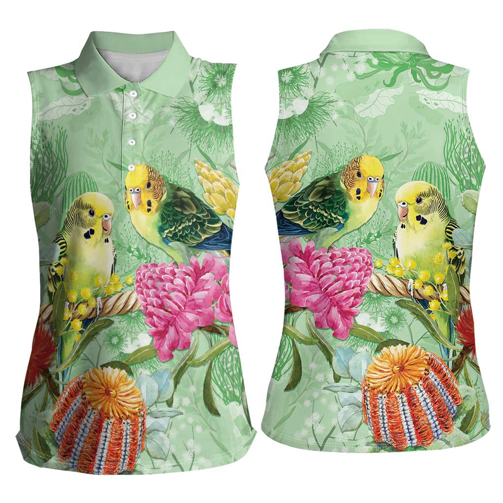 Birds and Floral Aussie Budgerigars Women Sleeveless Polo Shirt Mint Opal - Aussie Hoodie