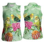 Birds and Floral Aussie Budgerigars Women Sleeveless Polo Shirt Mint Opal - Aussie Hoodie
