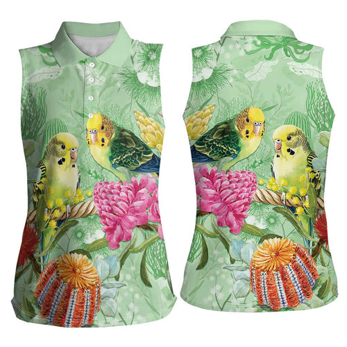 Birds and Floral Aussie Budgerigars Women Sleeveless Polo Shirt Mint Opal - Aussie Hoodie