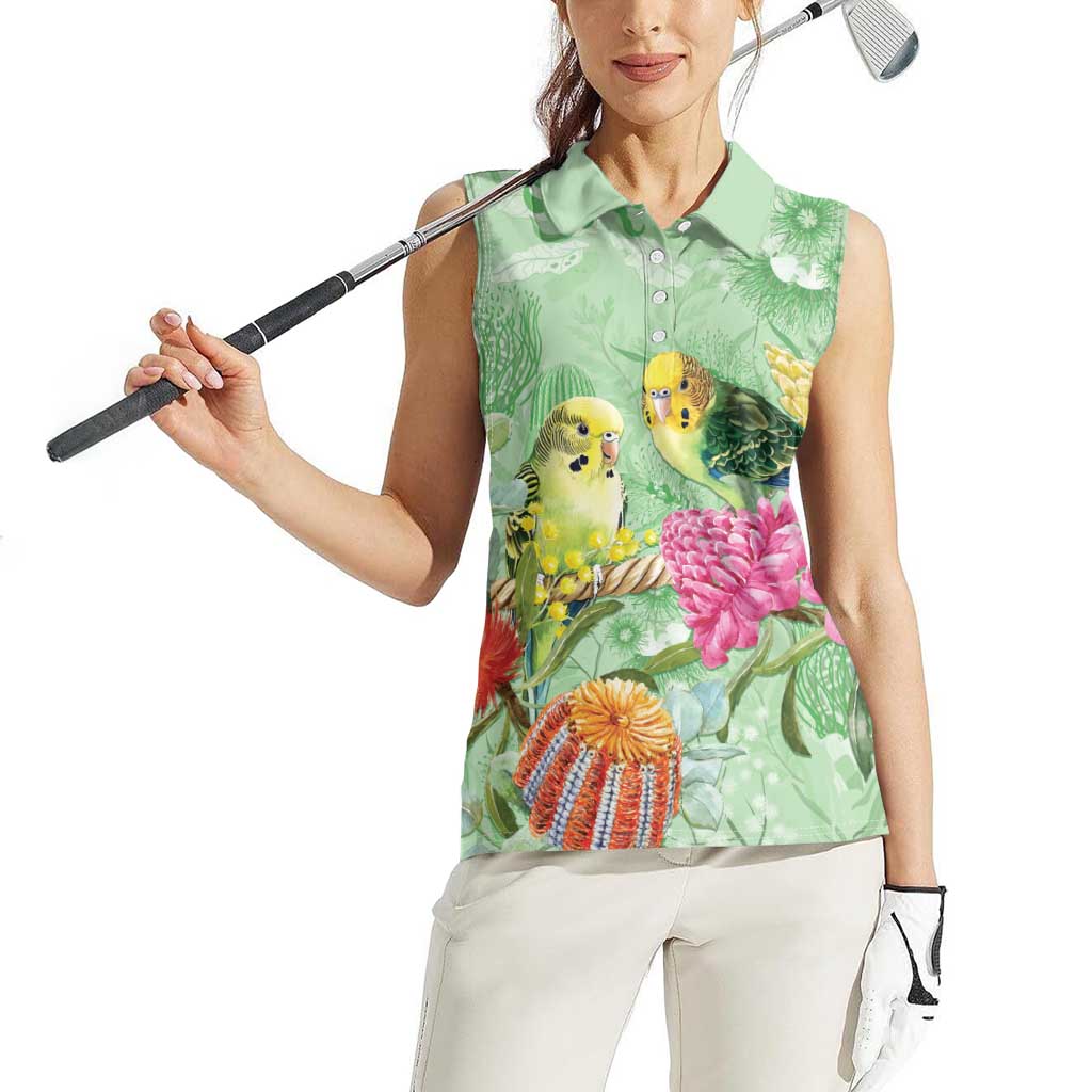 Birds and Floral Aussie Budgerigars Women Sleeveless Polo Shirt Mint Opal - Aussie Hoodie