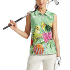 Birds and Floral Aussie Budgerigars Women Sleeveless Polo Shirt Mint Opal - Aussie Hoodie