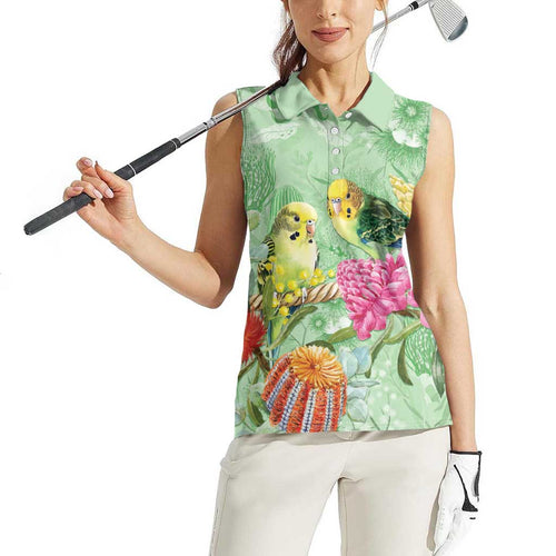 Birds and Floral Aussie Budgerigars Women Sleeveless Polo Shirt Mint Opal - Aussie Hoodie