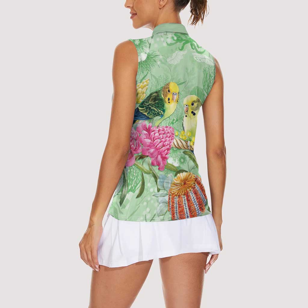 Birds and Floral Aussie Budgerigars Women Sleeveless Polo Shirt Mint Opal - Aussie Hoodie