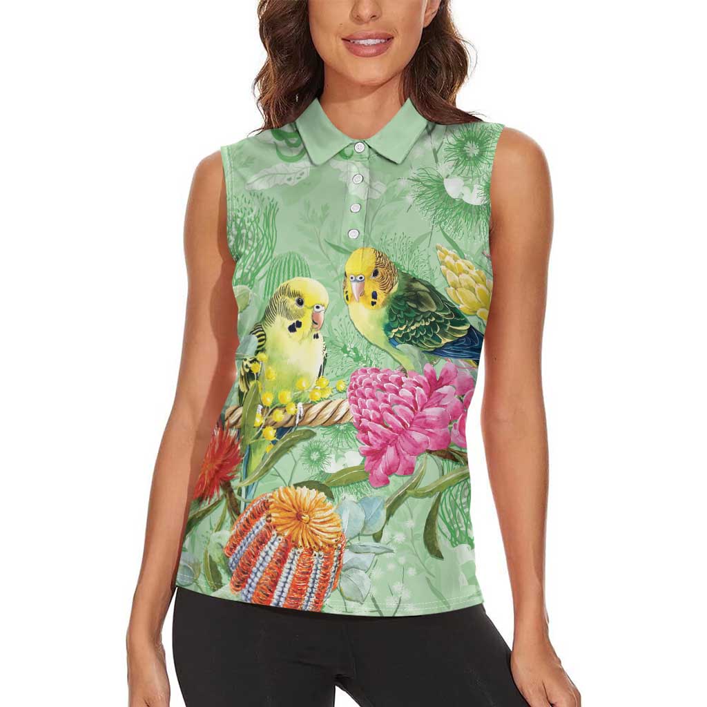 Birds and Floral Aussie Budgerigars Women Sleeveless Polo Shirt Mint Opal - Aussie Hoodie