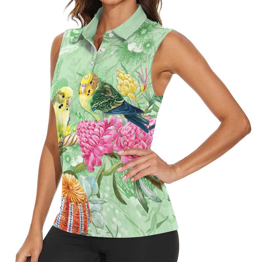 Birds and Floral Aussie Budgerigars Women Sleeveless Polo Shirt Mint Opal - Aussie Hoodie