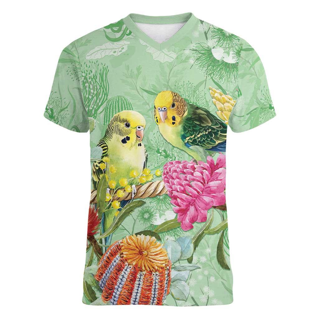 Birds and Floral Aussie Budgerigars Women V-Neck T-Shirt Mint Opal - Aussie Hoodie
