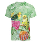 Birds and Floral Aussie Budgerigars Women V-Neck T-Shirt Mint Opal - Aussie Hoodie