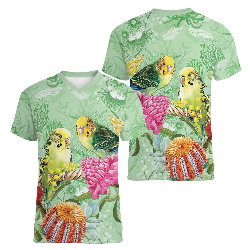 Birds and Floral Aussie Budgerigars Women V-Neck T-Shirt Mint Opal - Aussie Hoodie