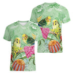 Birds and Floral Aussie Budgerigars Women V-Neck T-Shirt Mint Opal - Aussie Hoodie