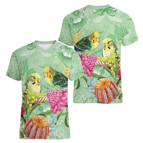 Birds and Floral Aussie Budgerigars Women V-Neck T-Shirt Mint Opal - Aussie Hoodie
