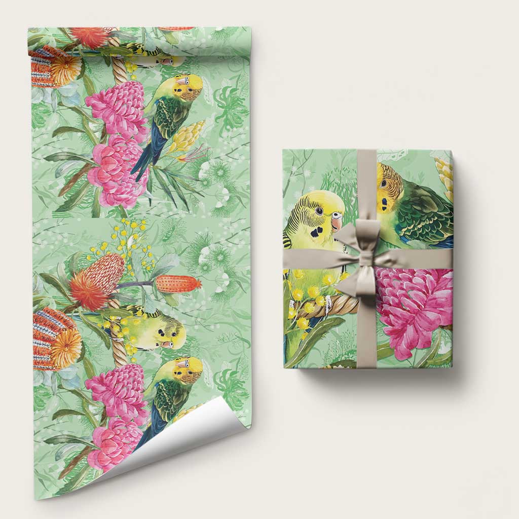 Birds and Floral Aussie Budgerigars Wrapping Paper Mint Opal
