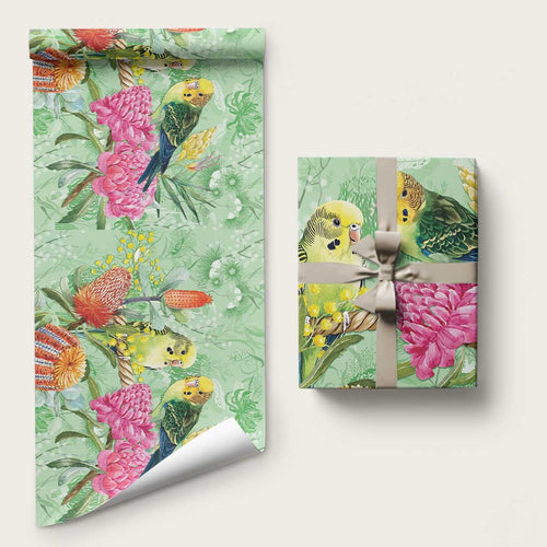 Birds and Floral Aussie Budgerigars Wrapping Paper Mint Opal