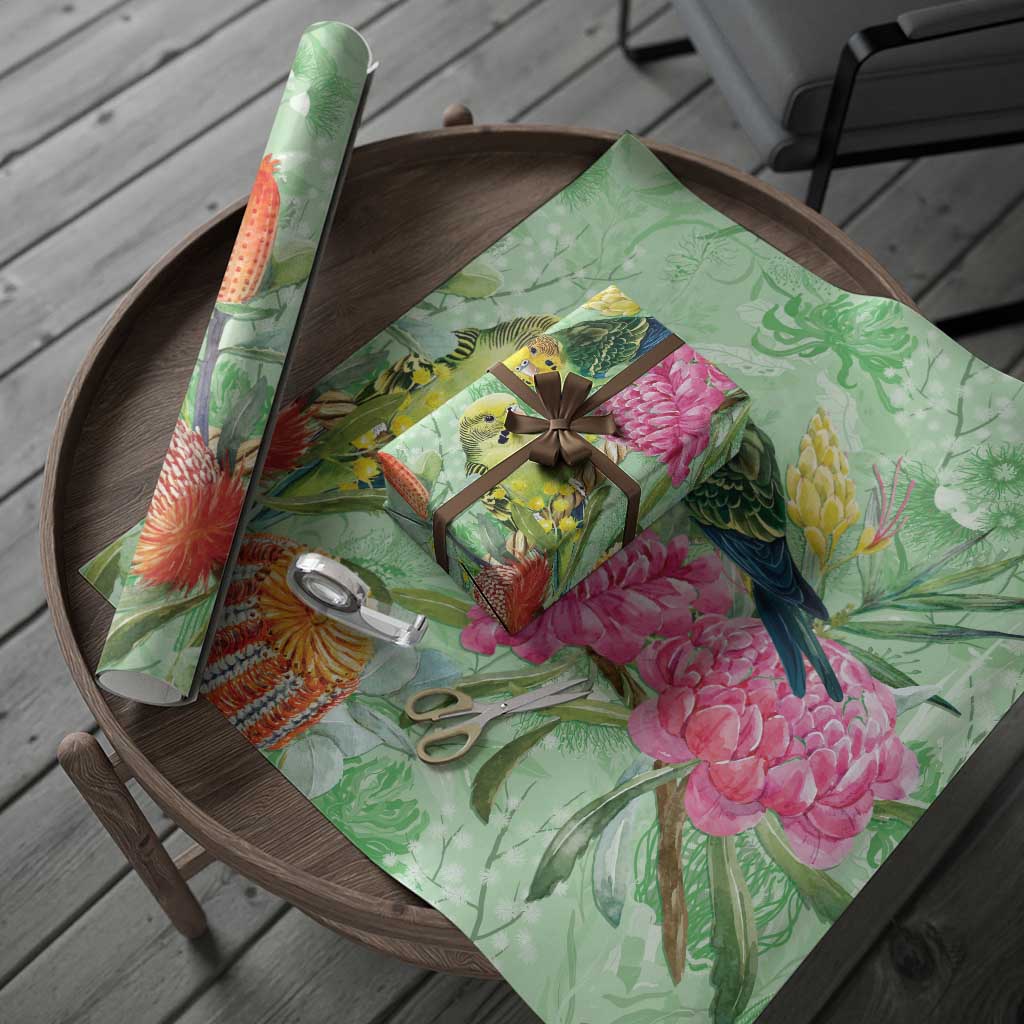 Birds and Floral Aussie Budgerigars Wrapping Paper Mint Opal