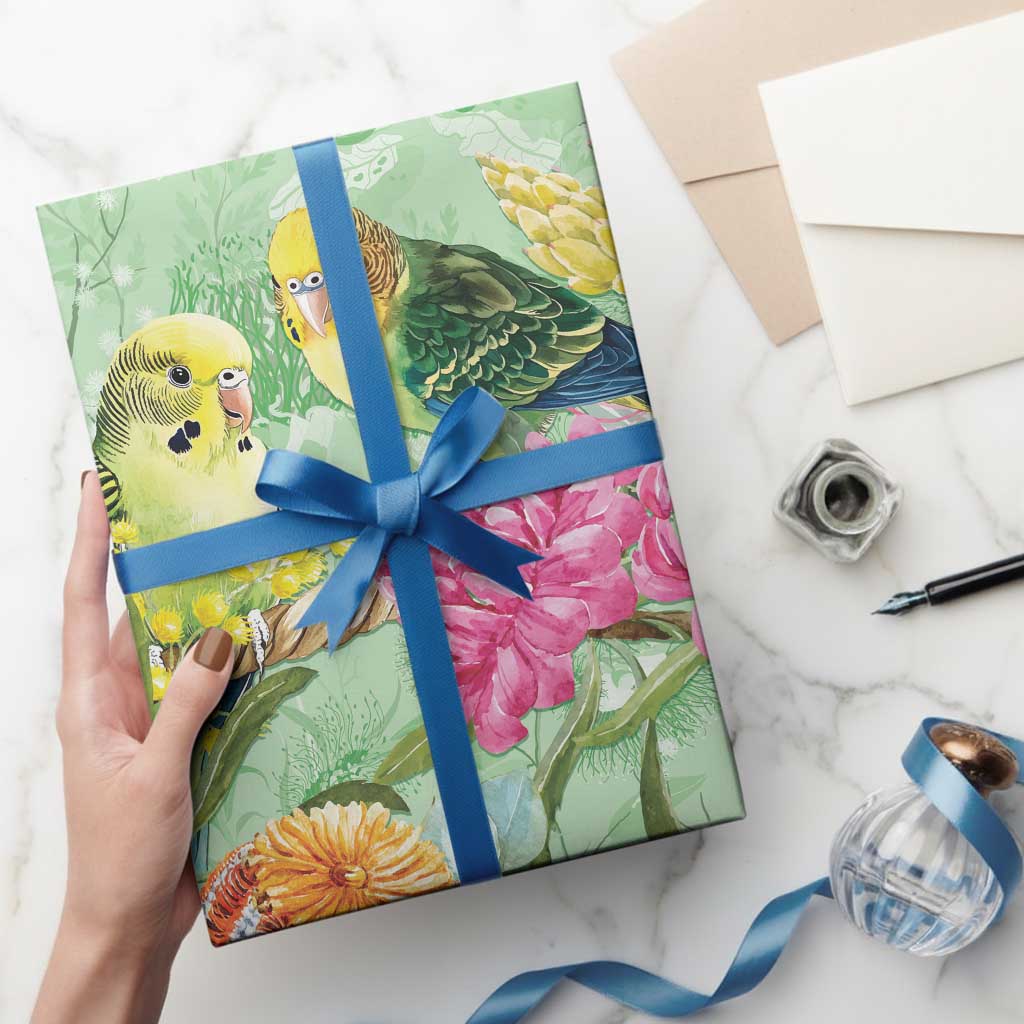 Birds and Floral Aussie Budgerigars Wrapping Paper Mint Opal