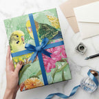 Birds and Floral Aussie Budgerigars Wrapping Paper Mint Opal